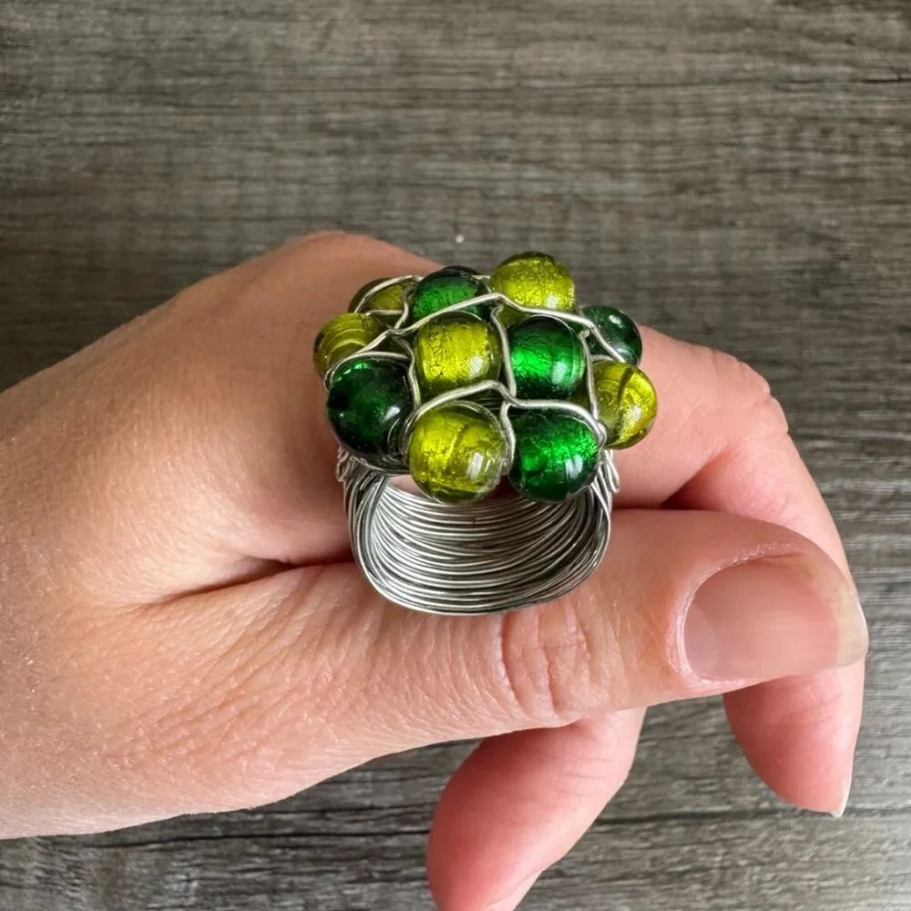 Handmade Wire-Wrapped Stainless Ring with Green & Yellow Glass Beads Size, 5.5